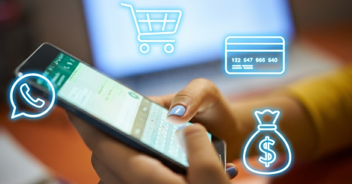 Mulher digitando em celular e utilizando lista de transmissão WhatsApp